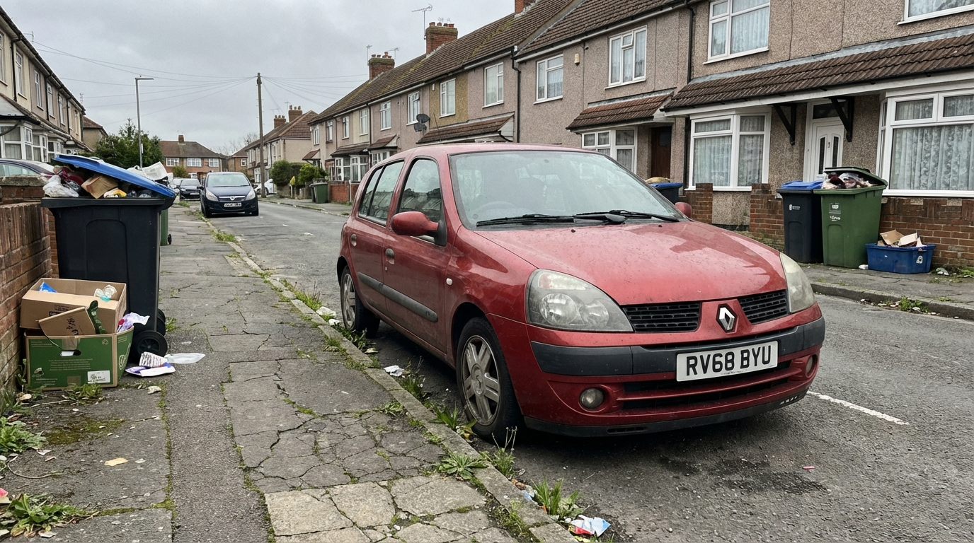 Red sports car in parking lot before AI background enhancement