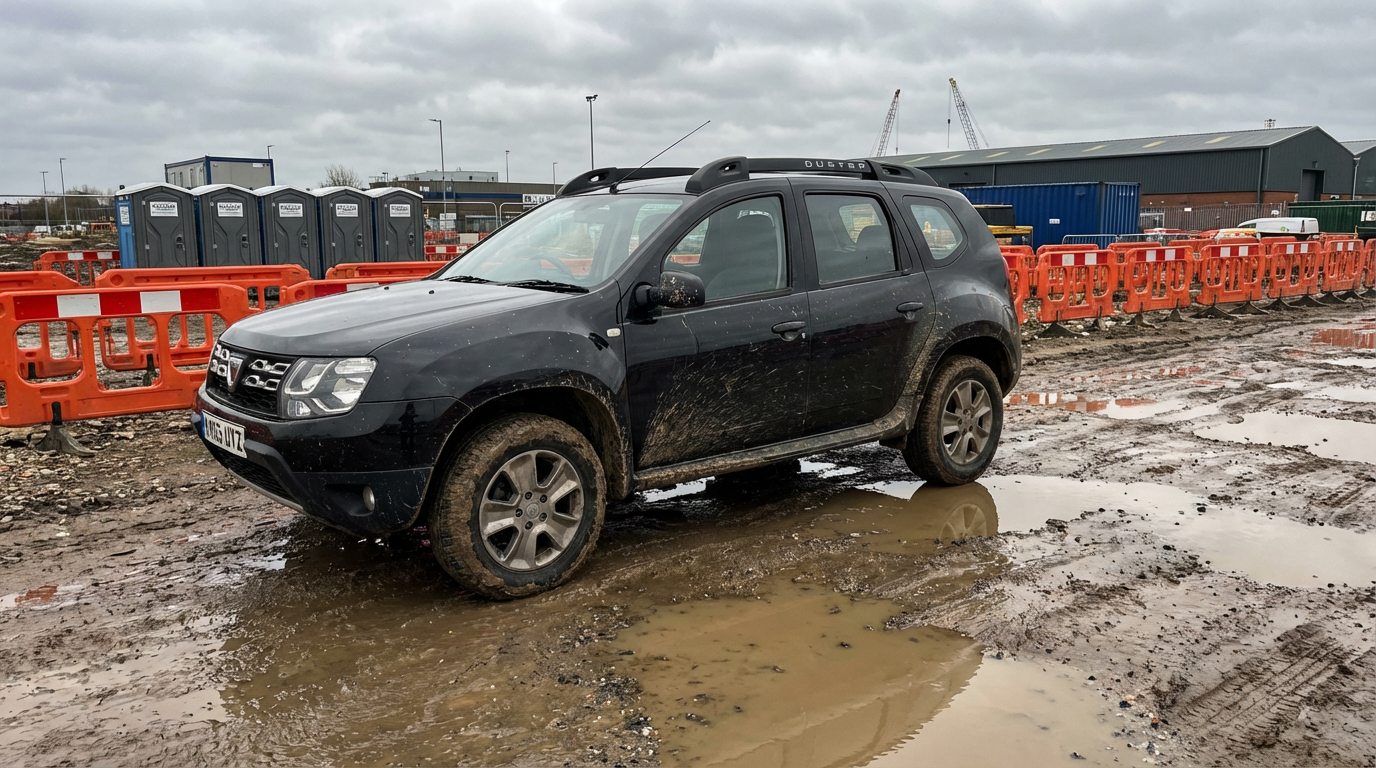 White SUV in urban setting before AI background change